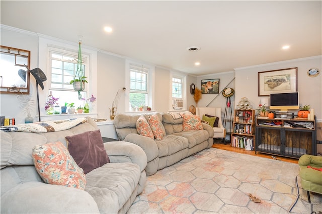 living room featuring light hardwood / wood-style floors, a healthy amount of sunlight, and crown molding