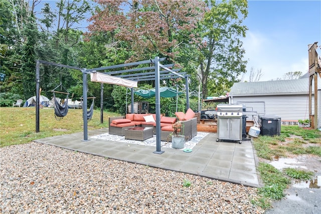 view of patio featuring outdoor lounge area and a pergola