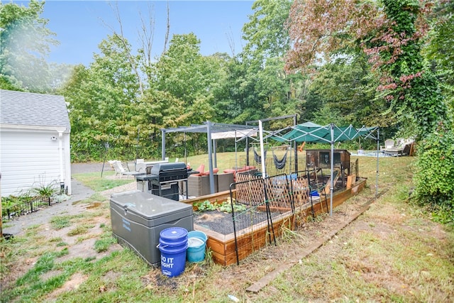 view of yard featuring an outbuilding and a pergola