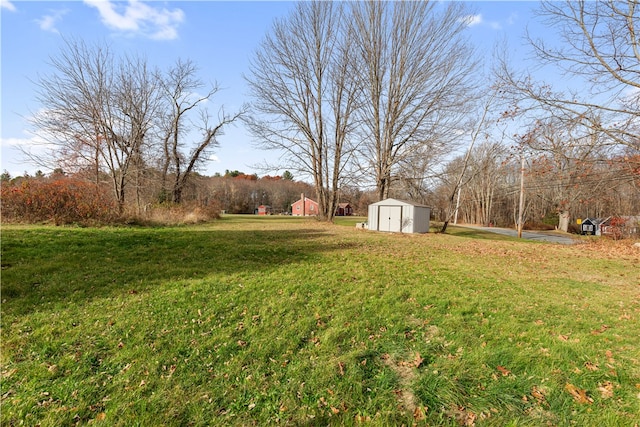 view of yard featuring a storage shed