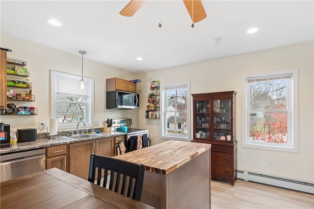 kitchen featuring appliances with stainless steel finishes, decorative light fixtures, light hardwood / wood-style flooring, and plenty of natural light