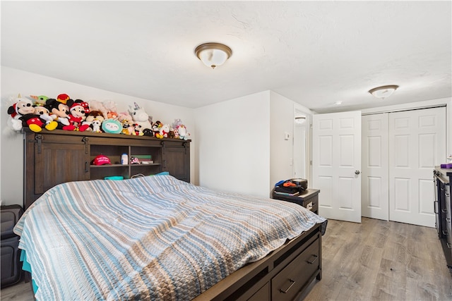 bedroom featuring light wood-type flooring and a closet