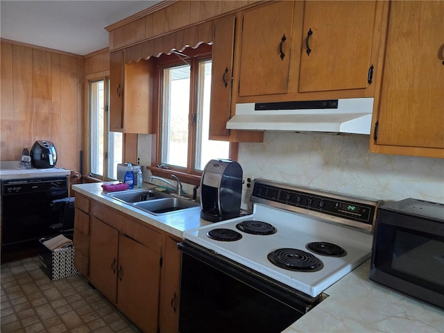 kitchen featuring tasteful backsplash, range with electric cooktop, and sink