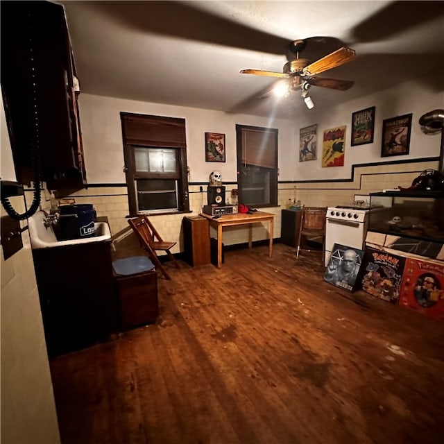 office space with ceiling fan and dark hardwood / wood-style floors