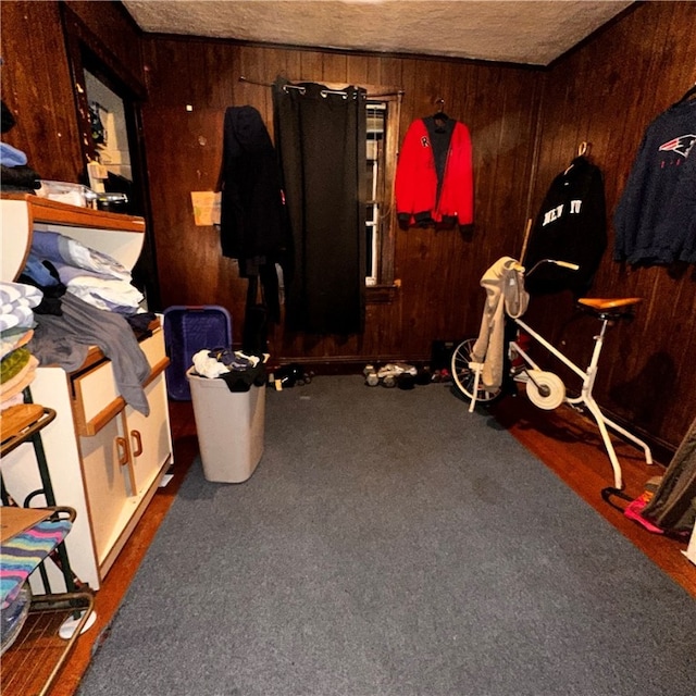 misc room featuring wood walls and a textured ceiling