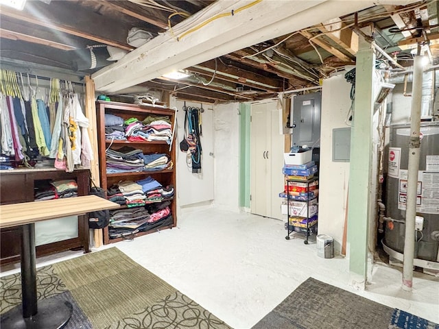 basement with electric panel and gas water heater