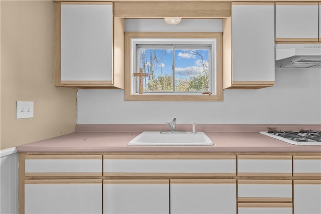 kitchen with white cabinets, range hood, and sink