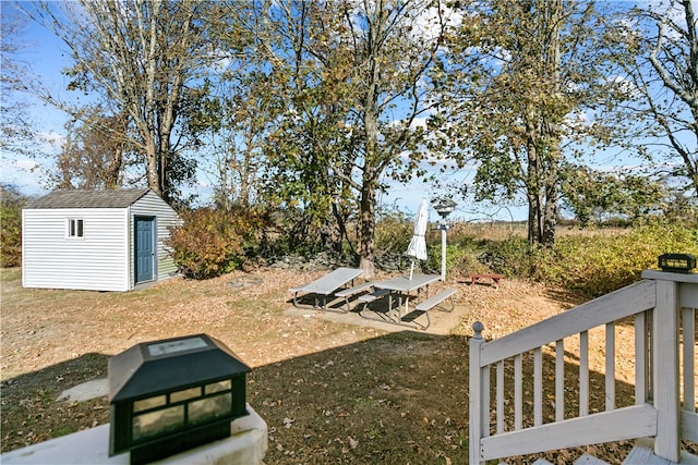 view of yard with a storage shed