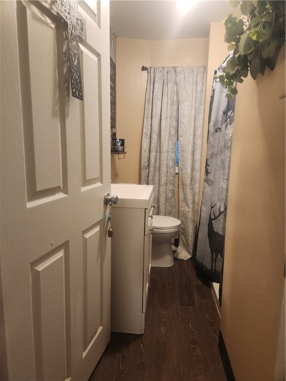 bathroom with wood-type flooring, vanity, and toilet