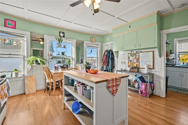 kitchen with ceiling fan, green cabinets, stainless steel range oven, and light hardwood / wood-style floors