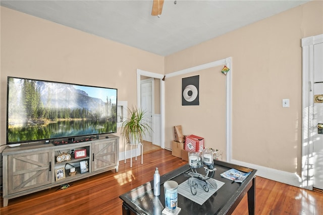 living room featuring wood-type flooring and ceiling fan