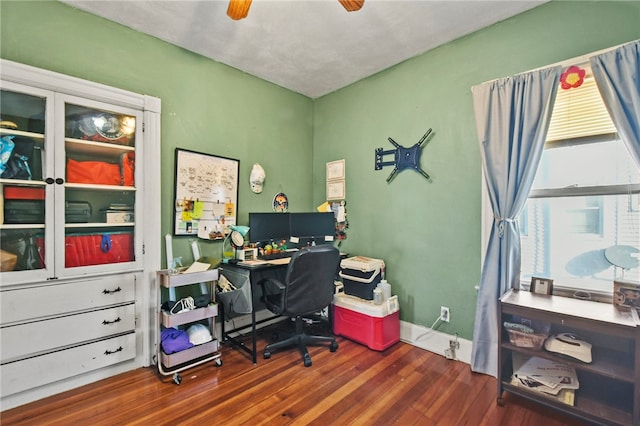 office featuring ceiling fan and dark hardwood / wood-style flooring