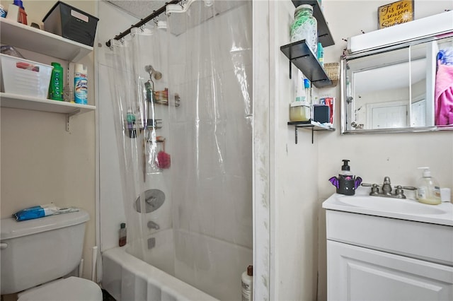 full bathroom with toilet, shower / tub combo, and vanity