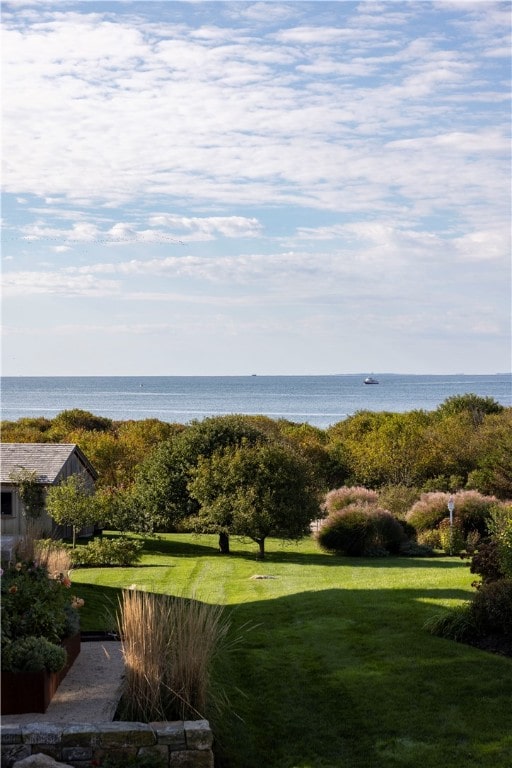 view of home's community featuring a water view and a lawn