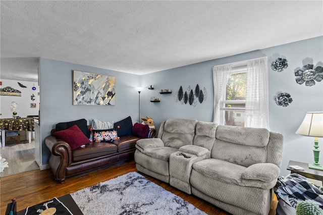 living room featuring dark hardwood / wood-style flooring and a textured ceiling