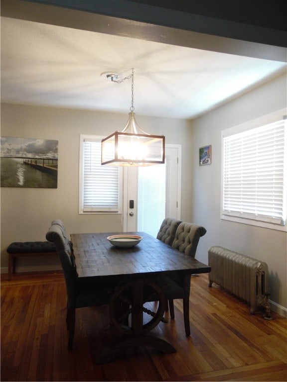 dining space with radiator, a notable chandelier, and dark hardwood / wood-style floors