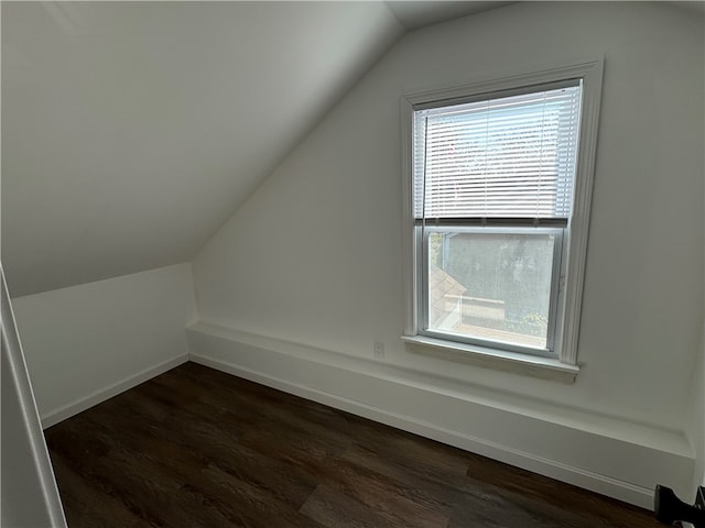 additional living space featuring dark wood-type flooring and lofted ceiling