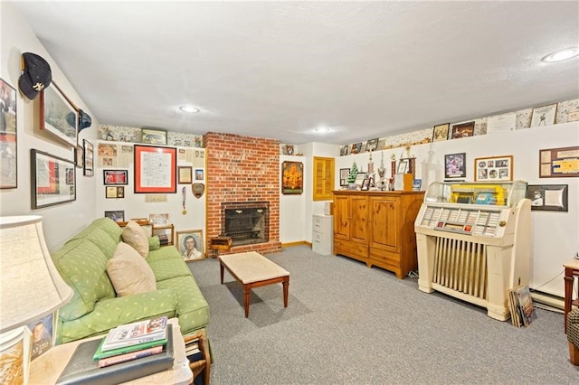 living room featuring a fireplace and carpet