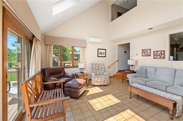 living room with a skylight, high vaulted ceiling, a wall mounted AC, and light tile patterned flooring