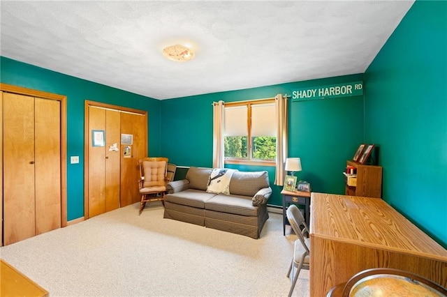 living area with a textured ceiling and carpet floors