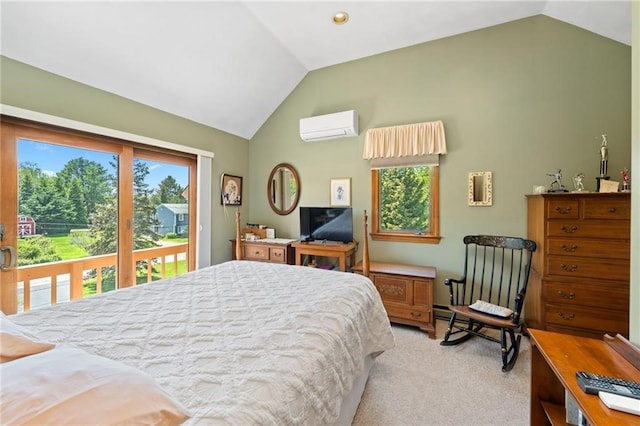 carpeted bedroom with multiple windows, lofted ceiling, and a wall mounted air conditioner