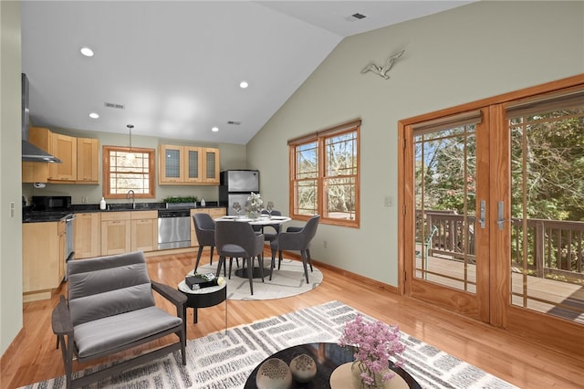 interior space featuring a healthy amount of sunlight, light hardwood / wood-style floors, sink, and high vaulted ceiling