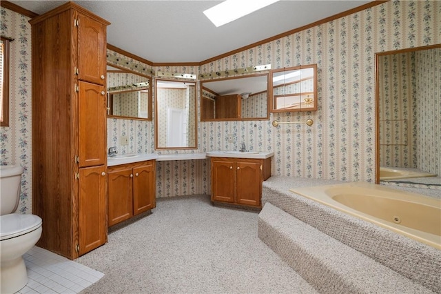 bathroom featuring a tub, lofted ceiling, toilet, vanity, and ornamental molding