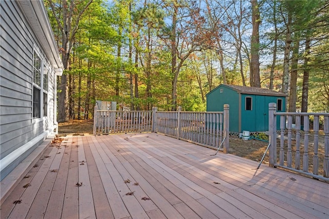 deck featuring a shed