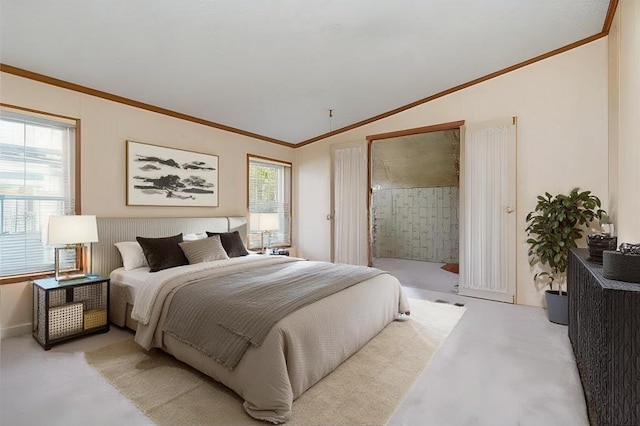 bedroom with multiple windows, light carpet, and lofted ceiling