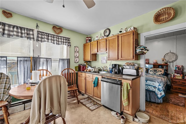 kitchen with ceiling fan, dishwasher, and sink