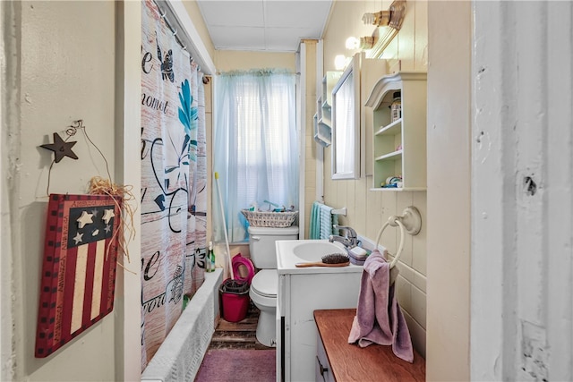 full bathroom featuring shower / bath combination with curtain, vanity, and toilet