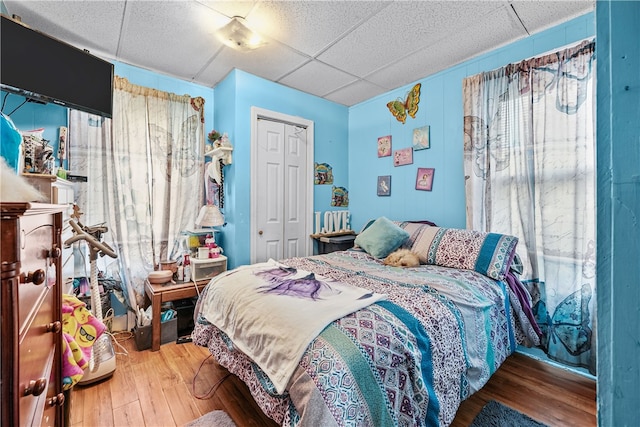 bedroom with a paneled ceiling, a closet, and hardwood / wood-style flooring