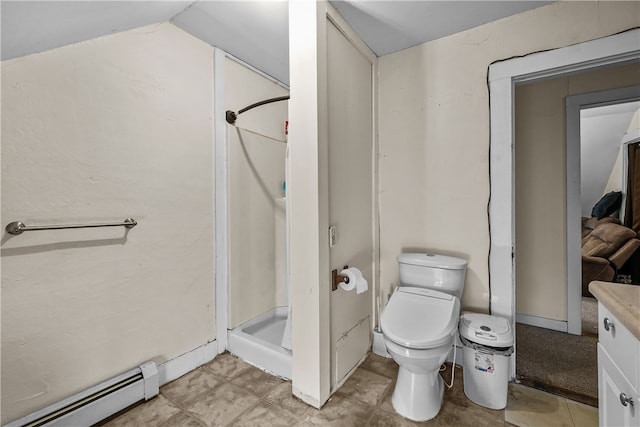 bathroom featuring toilet, lofted ceiling, walk in shower, and a baseboard radiator