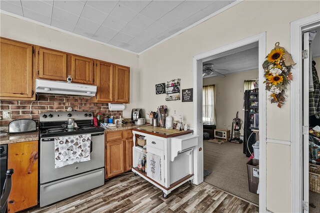 kitchen featuring electric range, crown molding, ceiling fan, and dark wood-type flooring