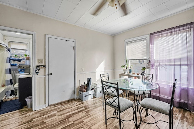 dining space with a wealth of natural light, light hardwood / wood-style flooring, ceiling fan, and crown molding