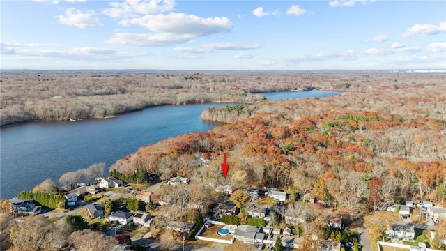 drone / aerial view featuring a water view