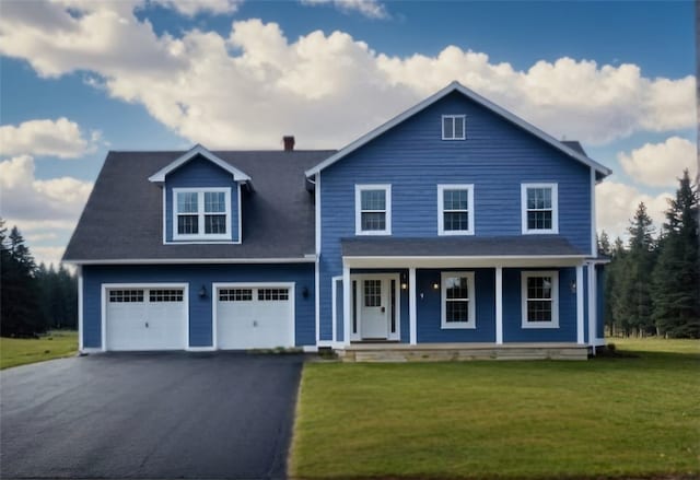 view of front of house featuring a front yard, a porch, and a garage