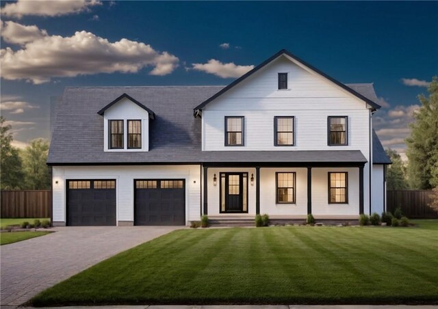 modern farmhouse with a porch, a garage, and a yard