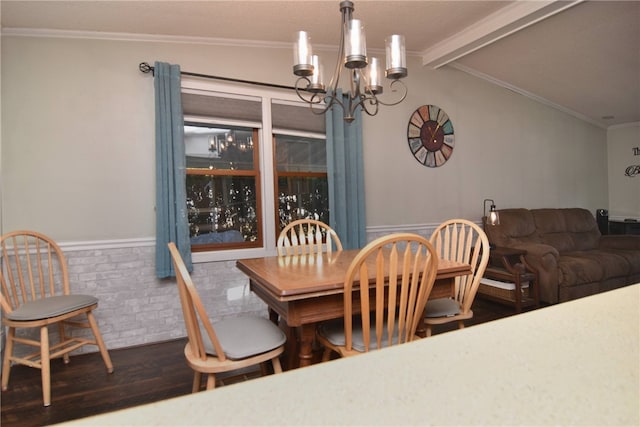 dining space with crown molding, lofted ceiling with beams, dark hardwood / wood-style floors, and a notable chandelier