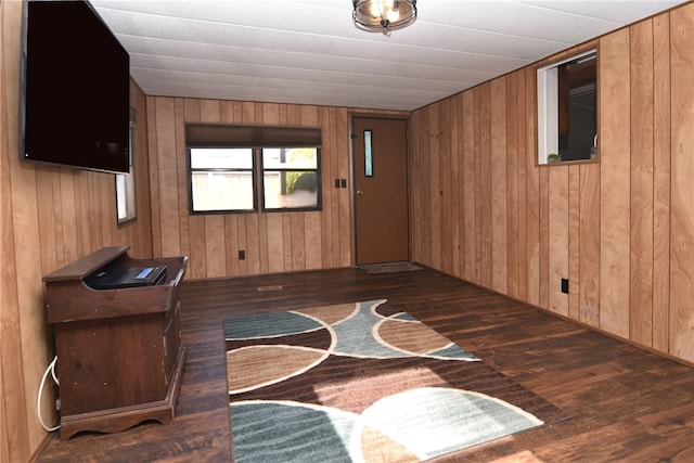 living room with wooden walls and dark hardwood / wood-style flooring