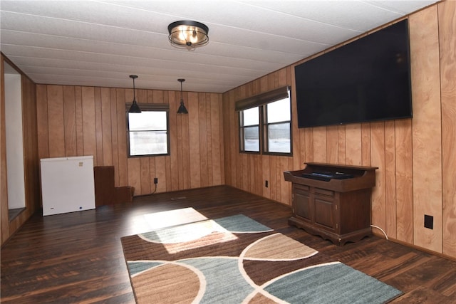 unfurnished living room featuring dark wood-type flooring and wooden walls