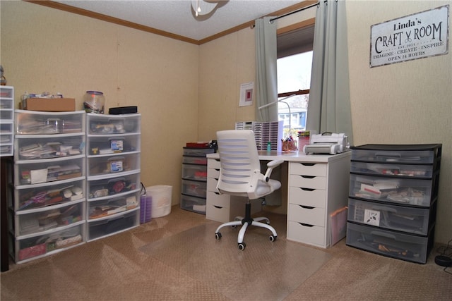 home office with a textured ceiling and ornamental molding