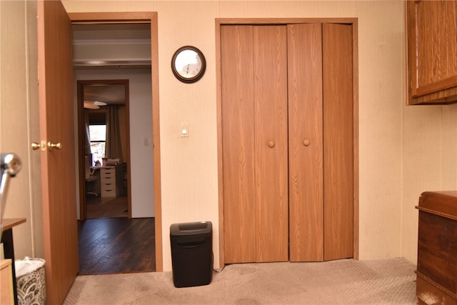 bedroom with light hardwood / wood-style floors and two closets