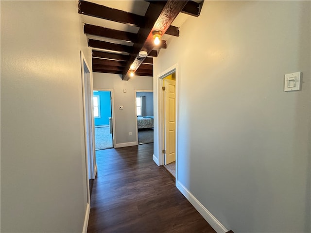 corridor with beam ceiling and dark hardwood / wood-style flooring