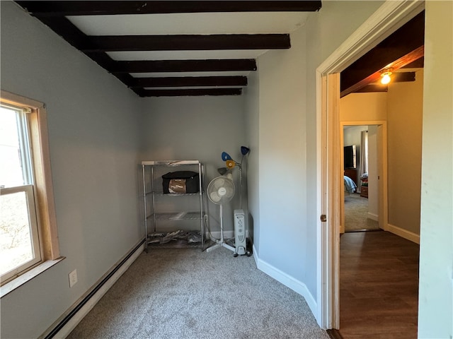 clothes washing area with hardwood / wood-style floors and baseboard heating