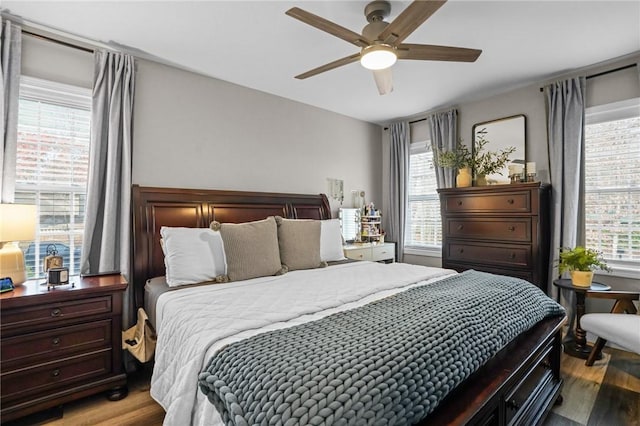 bedroom featuring multiple windows, ceiling fan, and wood-type flooring