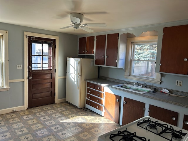 kitchen featuring ceiling fan, dark brown cabinetry, white appliances, and sink