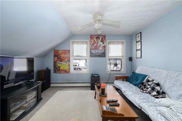 living room featuring light carpet, ceiling fan, lofted ceiling, and a baseboard heating unit