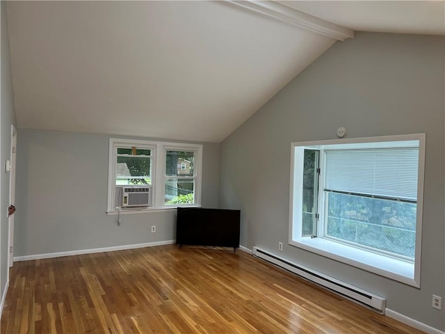 unfurnished room with vaulted ceiling with beams, hardwood / wood-style flooring, cooling unit, and a baseboard heating unit