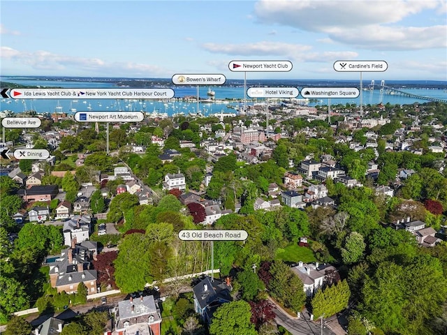 43 Old Beach Rd, Newport, RI 02840 - aerial overview of property's location with a large body of water and a notable bridge